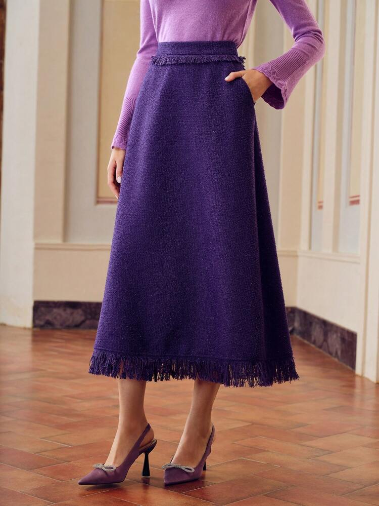 ZEYLAH TWEED SOLID SLANT POCKET FRINGE HEM SKIRT
