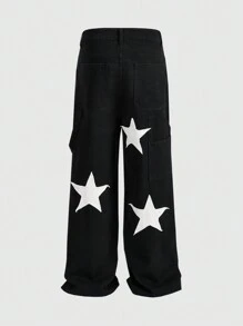 ROMWE MEN Street Life Jeans ample avec design de broderie étoile pour hommes - Noir - Voir 2