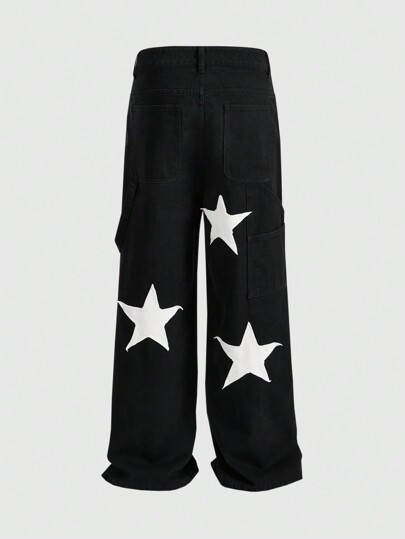 Street Life Men's Star Embroidery Design Loose Fit Jeans