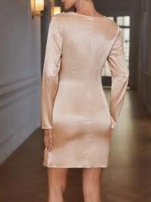 Femmeiva High-Quality Women's Draped Neck Frill Sleeve Ruched Waist Bodycon Long Sleeve Dress Fall Cloth For Women - Apricot - View 2