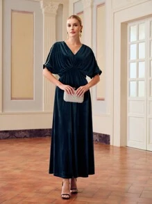 ZEYLAH VELVET V-NECK BATWING SLEEVE FAUX PEARL TRIM LONG DRESS - Dark Green - View 5