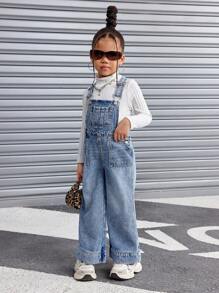 SHEIN Macacão jeans azul básico para meninas, estilo Y2K, calças e macacão jeans estilo street cool, roupas de outono e inverno para meninas