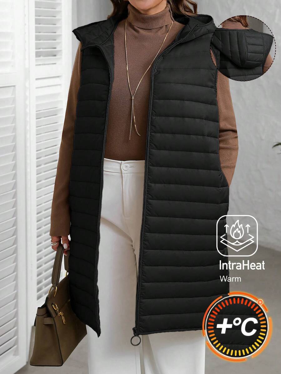 EMERY ROSE Plus Size Women's Winter Women Coat Solid Color Simple Daily Hooded Sleeveless Padded Coat - Black - View 1