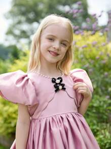 SHEIN Elegantes Puffkleid mit Schleife, geeignet für Geburtstagspartys, Urlaub und Blumenmädchen, Kleine Mädchen - Pink - Übersicht 6