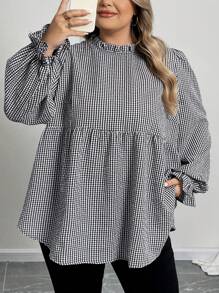 SHEIN CURVE+ Plus Size Autumn Ruffle Trim Plaid Long Sleeve Casual Blouse - Black and White - View 8