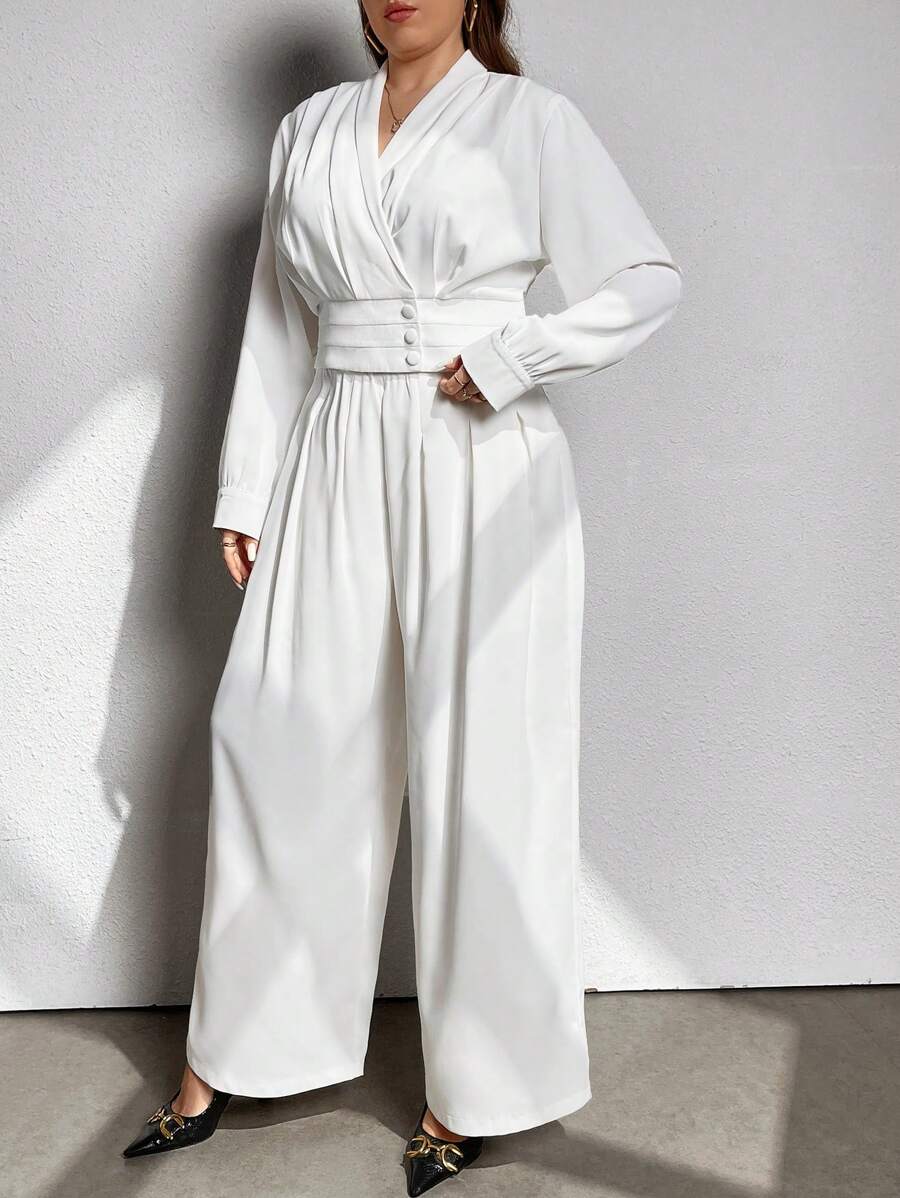 SHEIN Privé Set 2 Potong Kemeja dan Celana Model V-Neck dengan Hiasan Kancing Ukuran Besar - Putih - View 1