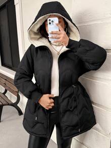 SHEIN Frenchy Plus Size Women Wavy Pattern Cinched Waist Adjustable Hood Padded Padded Coat For Autumn/Winter - Black - View 7