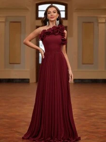 Elitara 1pc Asymmetrical Neck Pleated, Handmade 3D Floral Decor Women's Formal Evening Dress (Heavy Embellished), Elegant Prom Gown, For Wedding Guest, Graduation, Dinner, Party Dress