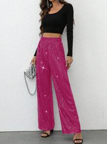 Chiquease Damen Glitzer Straight Leg Hose für Party & Feiertage, Herbst/Winter Partykleidung für die Feiertage - Heißes Pink - Übersicht 3