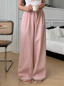 DAZY 简约格纹阔腿宽松睡裤，秋冬款 - 粉色 - 查看 6