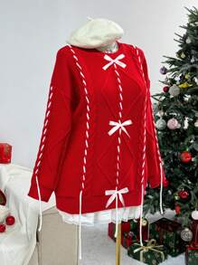 Flirla 大码圣诞节宽松别致蝴蝶结圆领毛衣，时尚显瘦，秋冬针织套头衫 - 紅色 - 查看 6