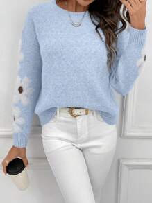 EMERY ROSE Women's Casual Floral Pattern Round Neck Dropped Shoulder Long Sleeve Sweater For Autumn/Winter Knit Pullover Fall - Baby Blue - View 3