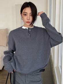 DAZY Women's Solid Color Button Front Half Placket Long Sleeve Casual Pullover Sweater, Autumn/Winter - Grey - View 6