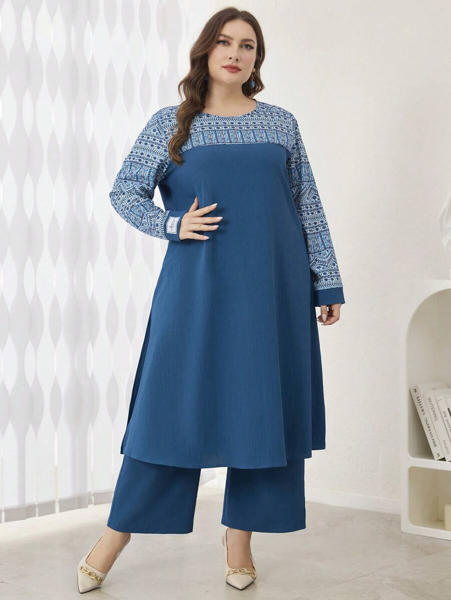 Mulvari 2 件/套随机印花开衩下摆休闲长款束腰上衣套装，大码，修身，百搭 - 水鴨藍 - 查看 1