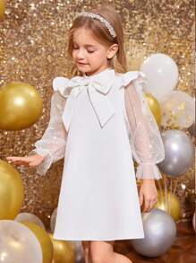 年轻女孩可爱盖袖闪亮网眼袖 3D 大蝴蝶结装饰 A 字裙，适合秋冬季，适合圣诞节、派对装、生日礼服、公主裙，白色 - 白色 - 查看 10