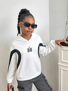 Sudadera con capucha holgada de hombros caídos con estampado empalmado para niñas preadolescentes