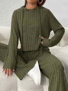 SHEIN PETITE 2pcs/Set Women Casual Solid Color Drawstring Hooded Sweatshirt And Pants Suit, Autumn/Winter - Army Green - View 3