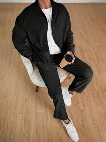 Manfinity Hypemode Men's Waffle Texture Jacquard Shirt & Pants Set, Men's Co-Ord Set, Men Black Outfit, Full Outfit Men, Men Waffle Knit Set, Fall Clothes - Black - View 2