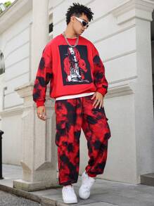 PAVTROS 2 件男士图案印花圆领长袖运动衫和扎染运动裤休闲套装，秋季 - 紅色 - 查看 5