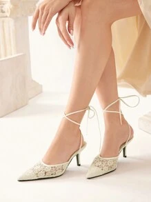 CUCCOO HITCHD Pointed Toe Lace-Up High Heel Women Pumps Fall - White - View 1