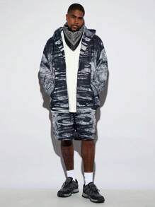 Manfinity VCAY 大码男士宽松印花针织长袖连帽衫和短裤套装，适合秋冬