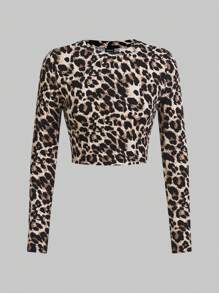 SHEIN Essnce 4pcs Set Of Leopard Print Long Sleeve T-Shirts For Women