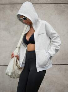 Hanevo 全新秋季休闲时尚英式印花纯色口袋拉链连帽女式运动衫，机场装 - 灰色 - 查看 6