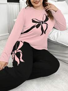 2pcs Plus Size Bow Print Contrast Color Long Sleeve Top & Pants Pajama Set, Sleepwear, Cozy Outfits, Fall Winter Clothes