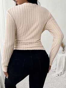 SHEIN Frenchy Áo thun cổ bẻ rộng rãi, ôm vừa vặn, có gân chải kỹ, size lớn - Màu be - Xem 2