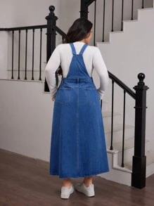 SHEIN EZwear Váy denim thường ngày cỡ lớn có dây đeo rộng và nhiều túi, thiết kế tối giản - Màu xanh lam - Xem 2
