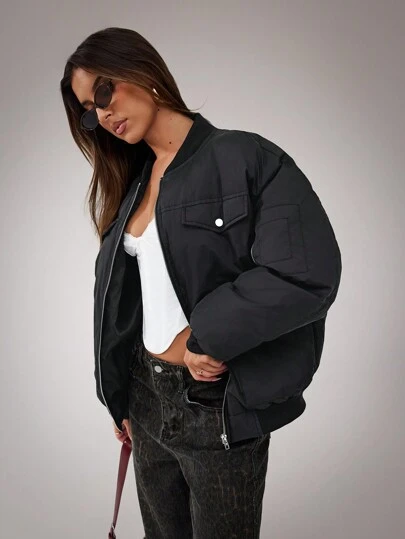 SHEIN BAE 女士休闲黑色棒球领工作服保暖厚外套飞行员夹克，冬季女装，冬季女外套，黑色外套，保暖服装，寒冷天气服装，冬季外套，冬季女外套，冬季夹克