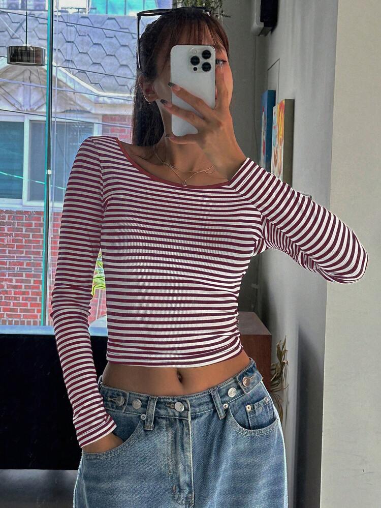 Women's Casual Striped Open Back Fitted T-Shirt, Autumn/Winter,Halter Top Long Sleeve Women Tops