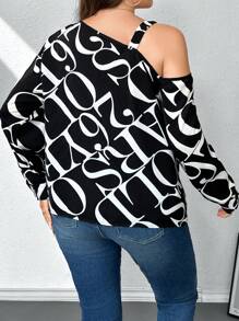 SHEIN Privé Plus Letter Graphic Chain Detail Asymmetrical Neck Blouse