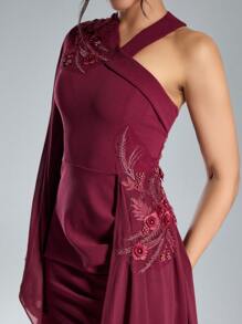 SHEIN Belle Rochie Roșu Bordeaux Formală Rochie Roșie Bodycon Cu Material Contrast Patchwork și Broderie, Rochie De Seară De Bal De Balul De Cercetători, Pentru Invitat Nunta, Absolvire, Cină - Burgundia - Vizualizare 5