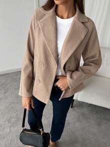 INAWLY Women's Casual Solid Color Double-Breasted Blazer For Autumn/Winter - Khaki - View 6
