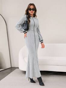 Mulvari Women Striped Collar Zip Front Long Sleeve Dress, Fashionable For Autumn