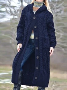 Plus Size Casual Hoodie Cardigan Med Knappar Framtill, Höst/Vinter - Marinblå - Visa 2