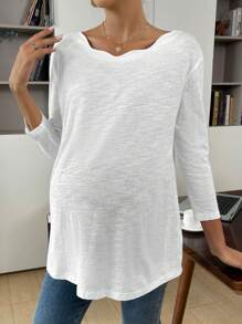 SHEIN Maternity Women's White Round Neck Loose Long-Sleeved Casual T-Shirt,Curved Wavy Neckline,Basic Autumn Everyday Smart Casual Drop Shoulder Fall Tops - White - View 2