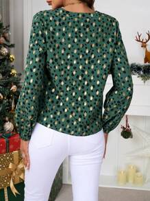 SHEIN Clasi Dames Kerstfeest Groen Metallic Polka Dot Print Elegante Blouse