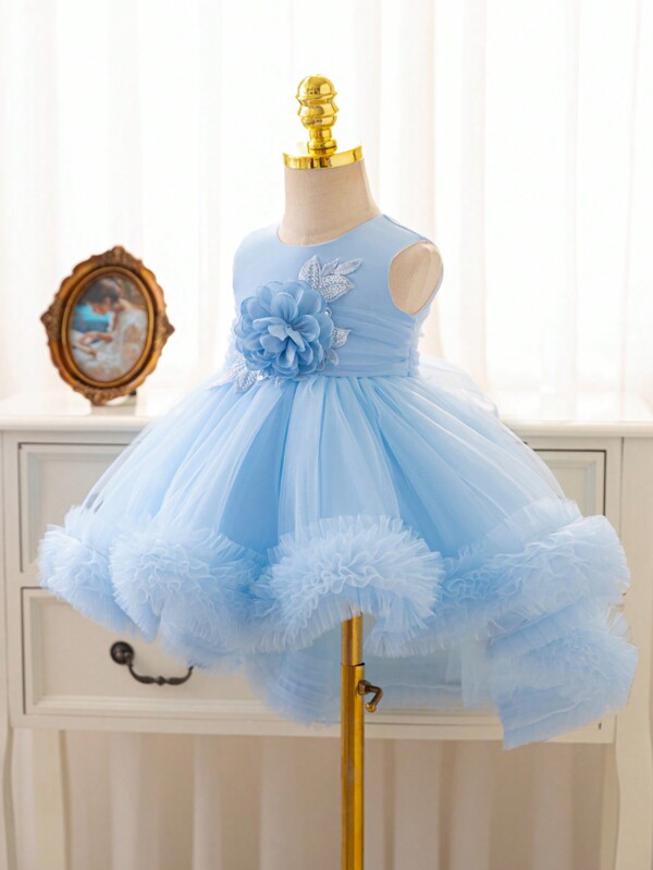Glamorique Kids Robe de Noël pour petite fille, costume d'Halloween Princesse Tulle Dentelle Volant Queue Manches Longues Robe de Cérémonie, Bleu, Pour Automne/Hiver