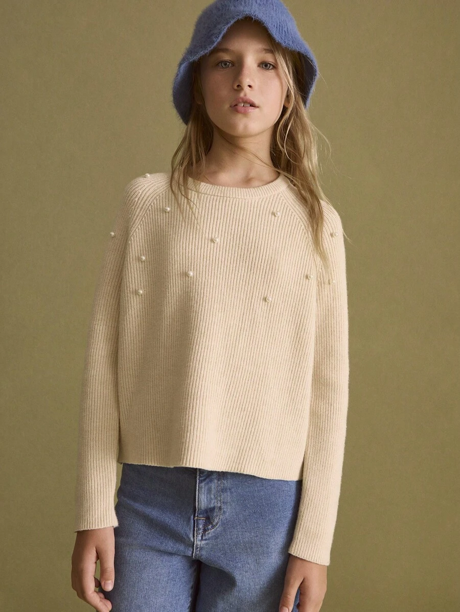 SHEIN Áo len tay raglan cổ tròn trang trí ngọc trai thường ngày cho bé gái tuổi mới lớn, màu trắng, dành cho mùa thu đông - Màu be - Xem 1