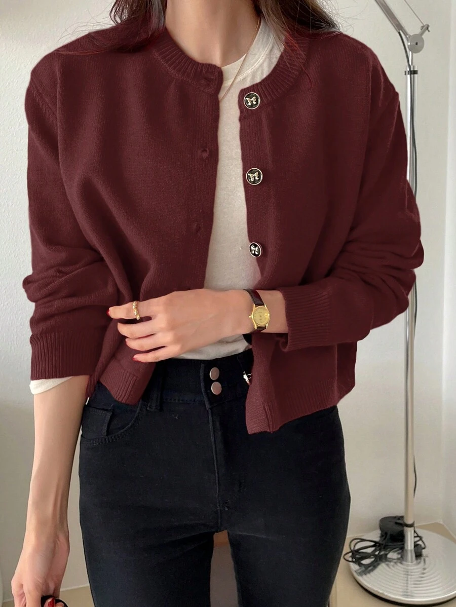 DAZY 女士休闲前扣开衫，优雅日常穿着，秋冬，长袖上衣，秋季女装夹克