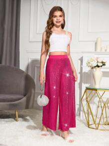 SHEIN Pantalones anchos con lentejuelas para niña preadolescente, elegantes y glamorosos pantalones de lentejuelas brillantes para fiesta y baile