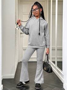 Tween Girl 2pcs Tween Girl Set - Ribbed Sleeve Hoodie & Wide Leg Pants - Grey - View 1