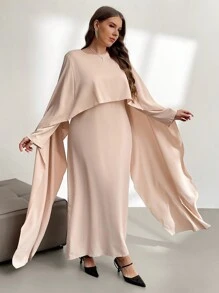 SHEIN Privé Plus Size Elegant & Vintage Taffeta Cape Poncho Jacket & Long Sleeve Straight Hem Dress Set, Autumn/Winter - Apricot - View 3