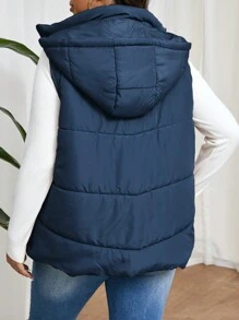 SHEIN Frenchy 大码纯色连帽拉链口袋无袖夹棉外套，秋冬款 - 藏蓝色 - 查看 2
