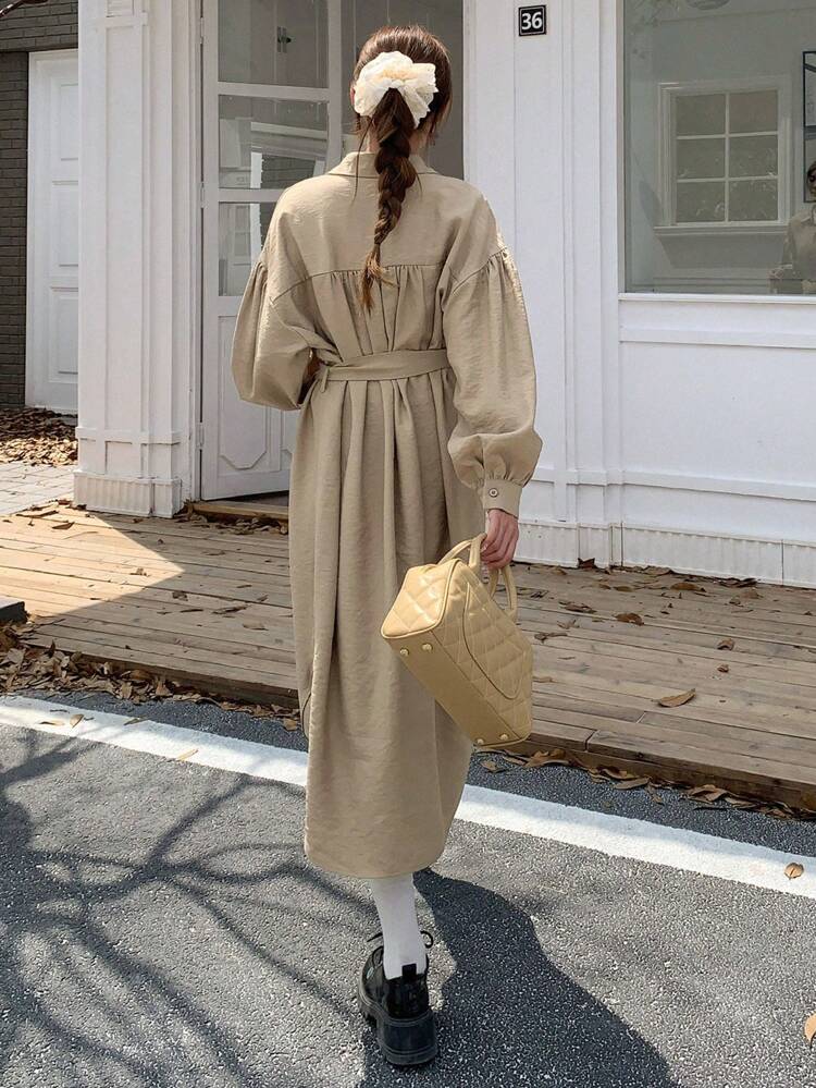 Plain Loose Belt Midi Dress For Women Shirt Dress,Fall Clothes Long Sleeve Dress