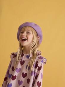 SHEIN Young Girl Casual Everyday Wear Ruffle Hem Heart Print Round Neck Long Sleeve Blouse, Autumn/Winter, Pink - Pink - View 6