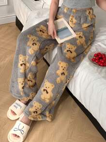 DAZY Pantalones de pijama rectos con estampado de oso de peluche