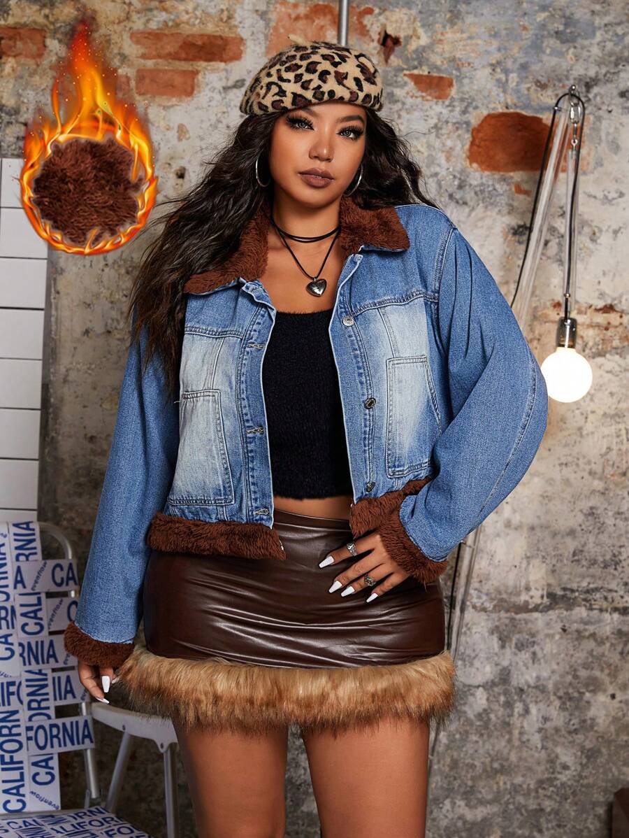 Plus Size Contrast Fuzzy Crop Denim Jacket - Medium Wash - View 1